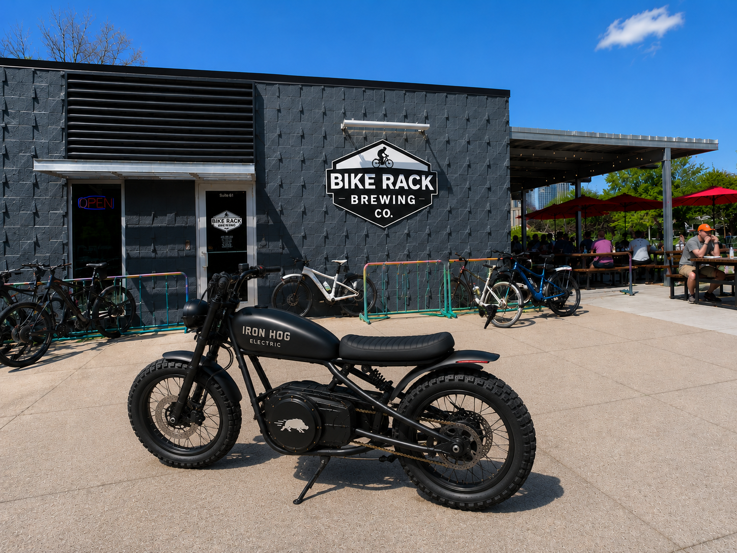 Scout bike parked outside Bike Rack Brewing