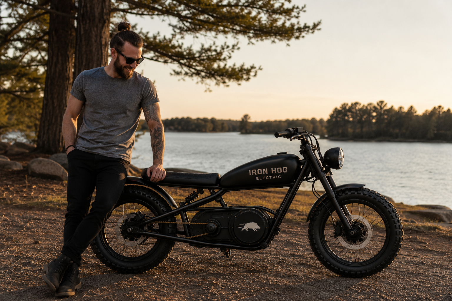 Scout bike by the lake at sunset with rider leaning beside it