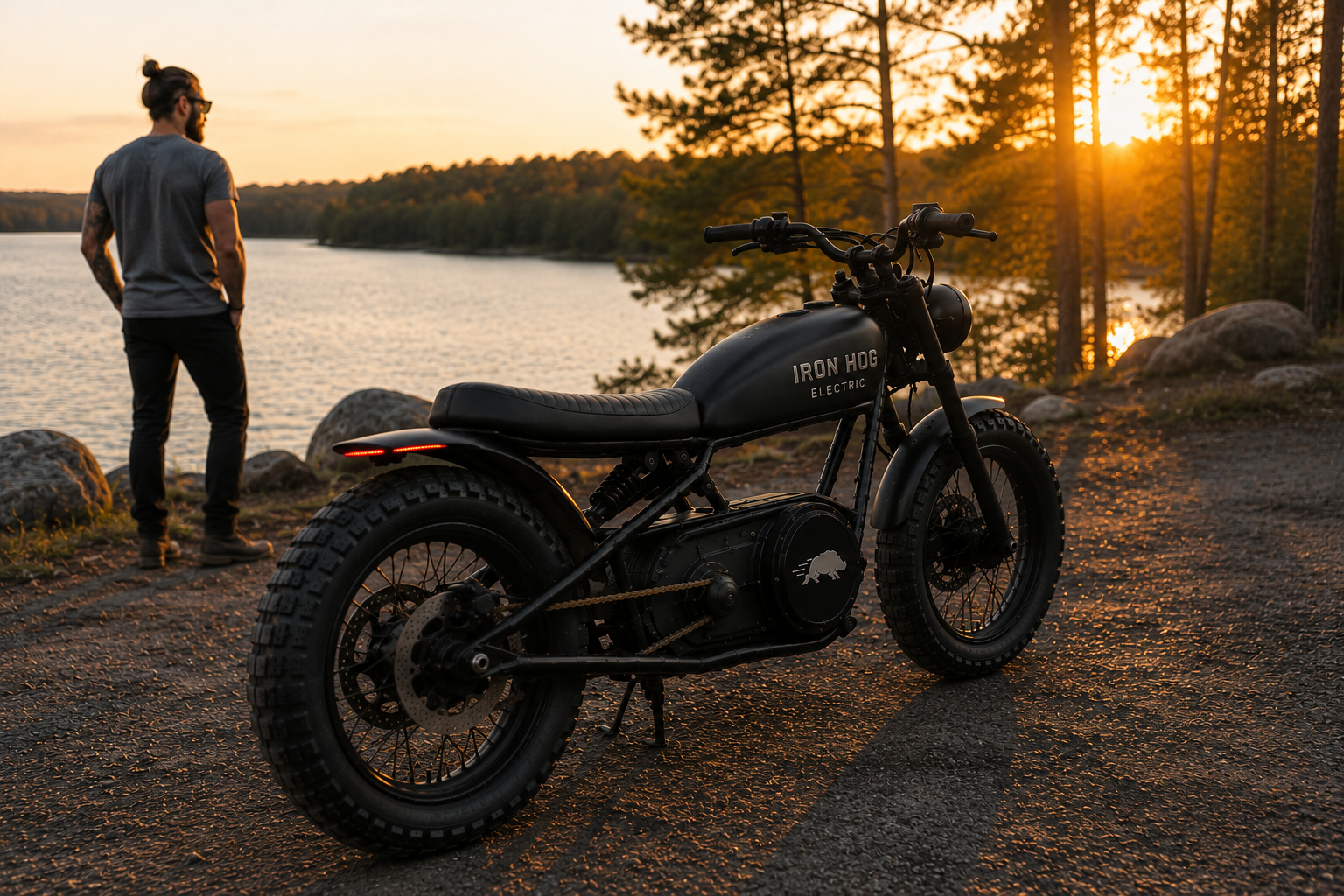 Scout bike parked by a lake at sunset with rider in the background