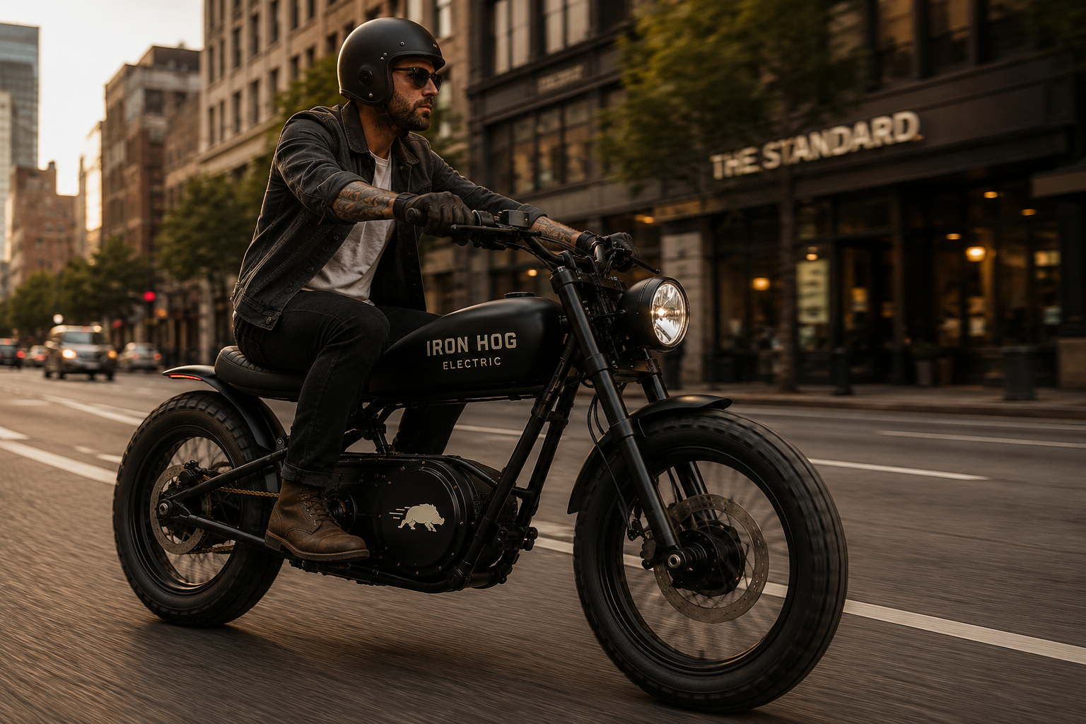 Scout bike in motion on a city street with rider wearing a helmet